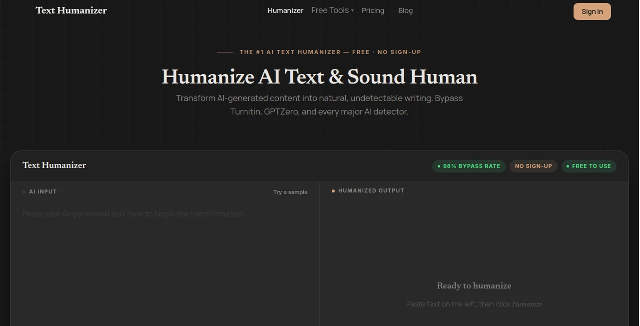 Screenshot of TextHumanizer.com – An AI tool in the ,AI Rewriter ,AI Writing Assistants ,AI Content Generator ,AI SEO Assistant  category, showcasing its interface and key features.