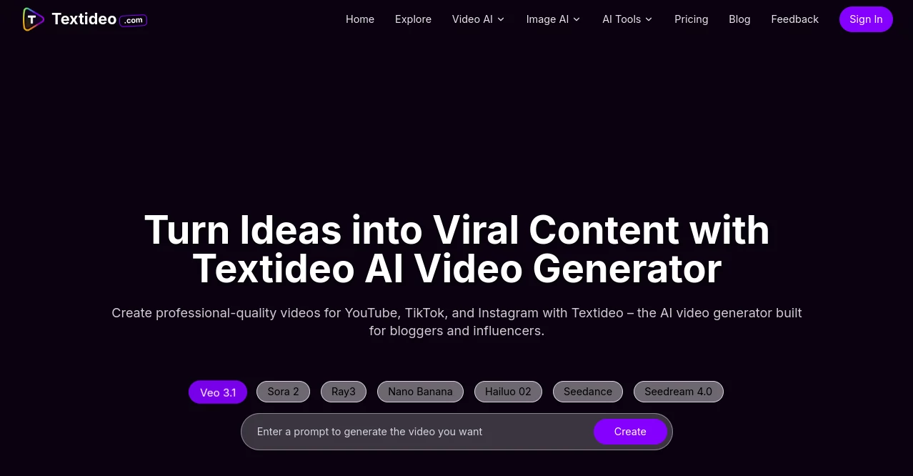 Screenshot of Textideo – An AI tool in the ,AI Image to Video ,AI Video Generator ,AI Text to Video ,AI Image to Image  category, showcasing its interface and key features.