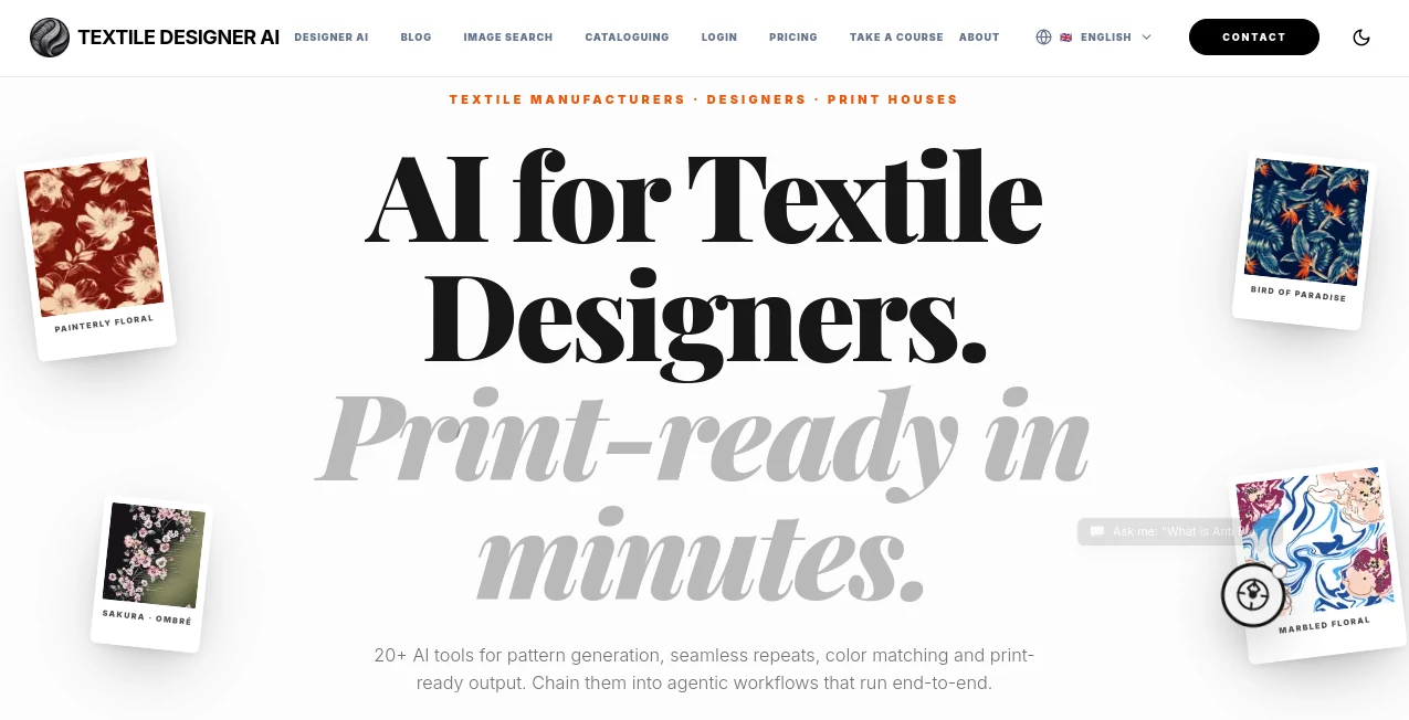 Screenshot of Textile Designer AI – An AI tool in the ,AI Pattern Generator ,AI Clothing Generator ,AI Design Generator ,AI Graphic Design  category, showcasing its interface and key features.