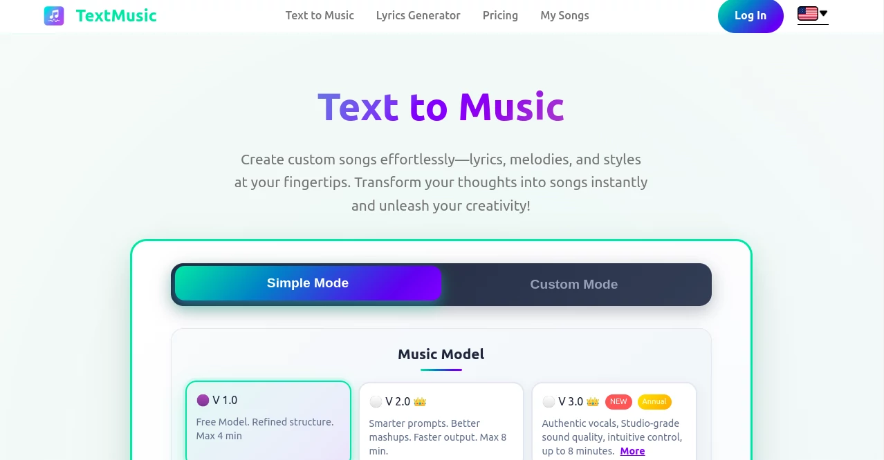 Screenshot of TextMusic – An AI tool in the ,AI Text to Music ,AI Lyrics Generator ,AI Music Generator  category, showcasing its interface and key features.