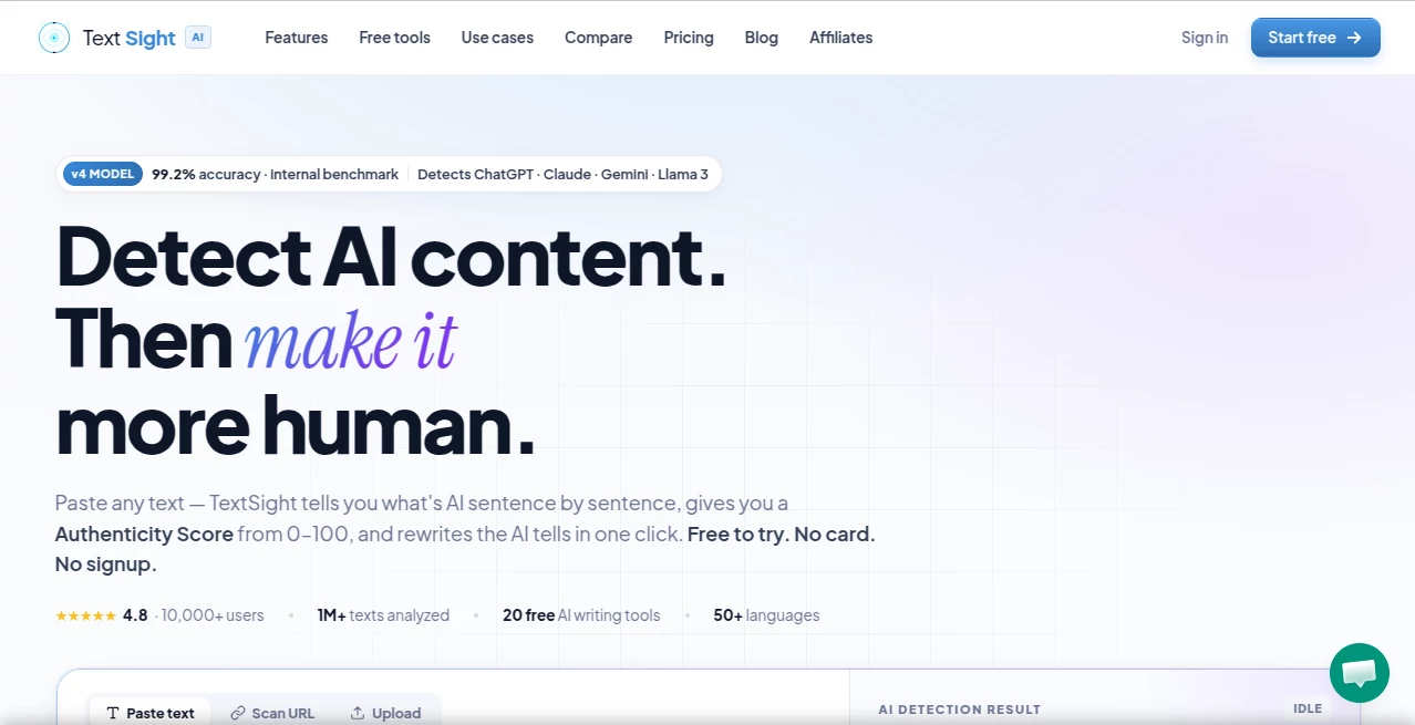Screenshot of TextsightAI – An AI tool in the ,AI Productivity Tools ,AI Rewriter ,AI Content Detector ,AI Writing Assistants  category, showcasing its interface and key features.