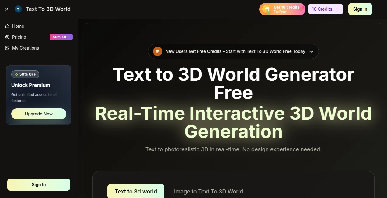 Screenshot of text to 3d world – An AI tool in the ,AI Design Generator ,AI Fun Tools ,AI 3D Model Generator ,AI Image to 3D Model  category, showcasing its interface and key features.