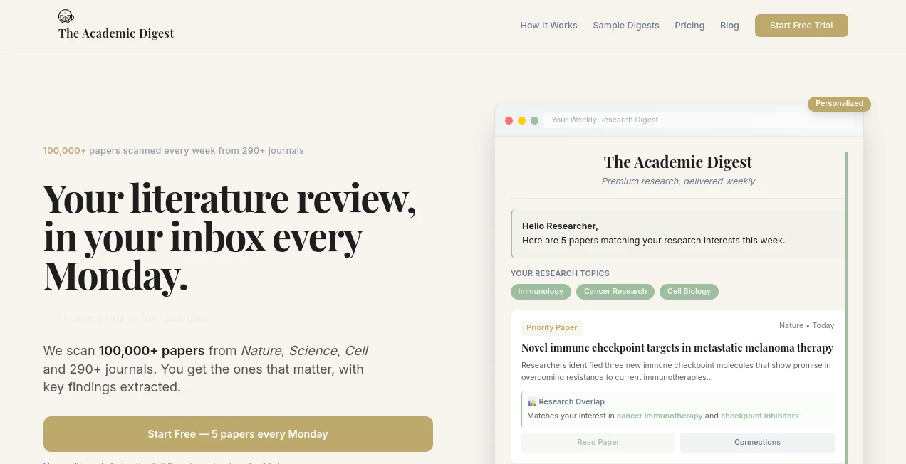Screenshot of The Academic Digest – An AI tool in the ,AI Education Assistant ,AI Summarizer ,AI Research Tool ,AI Writing Assistants  category, showcasing its interface and key features.