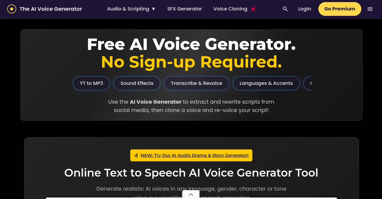 Screenshot of The AI Voice Generator – An AI tool in the ,AI Voice Cloning ,AI Text to Speech ,AI Speech Synthesis ,AI Voice Assistants  category, showcasing its interface and key features.