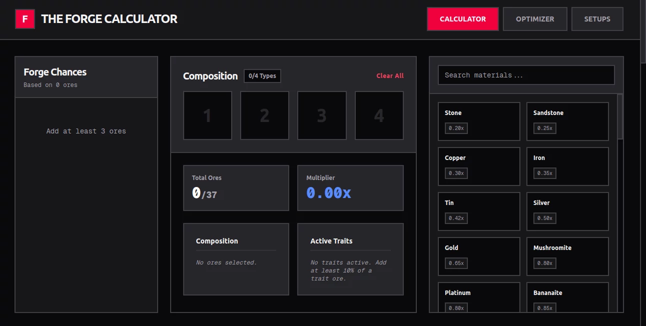 Screenshot of The Forge Calculator – An AI tool in the ,AI Game ,AI Fun Tools  category, showcasing its interface and key features.