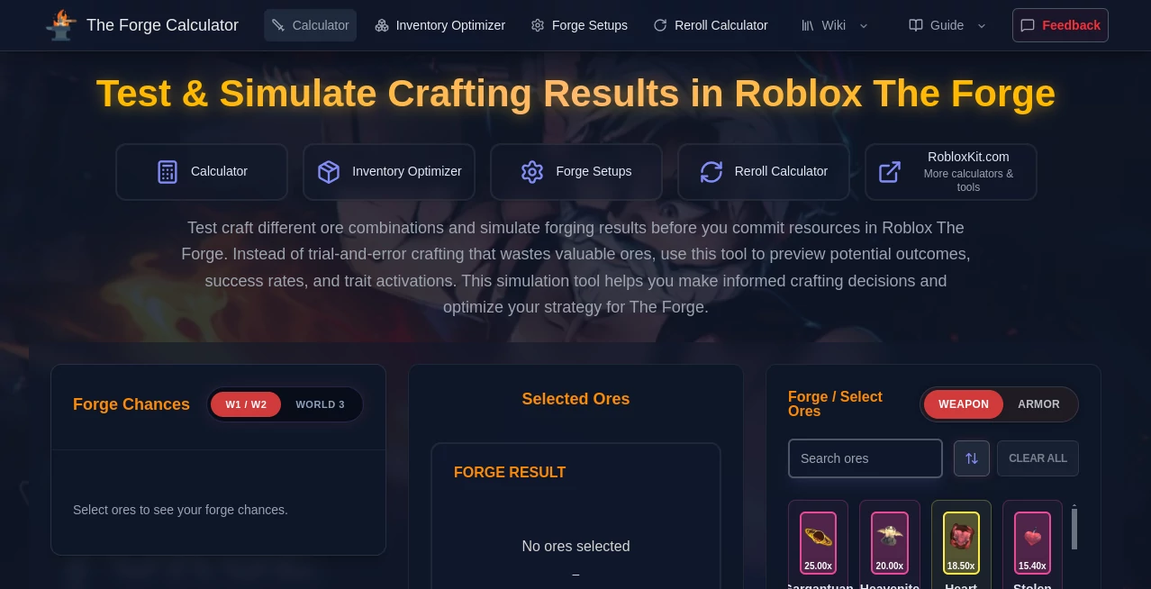 Screenshot of The Forge Calculator – An AI tool in the ,AI Game ,AI Fun Tools  category, showcasing its interface and key features.