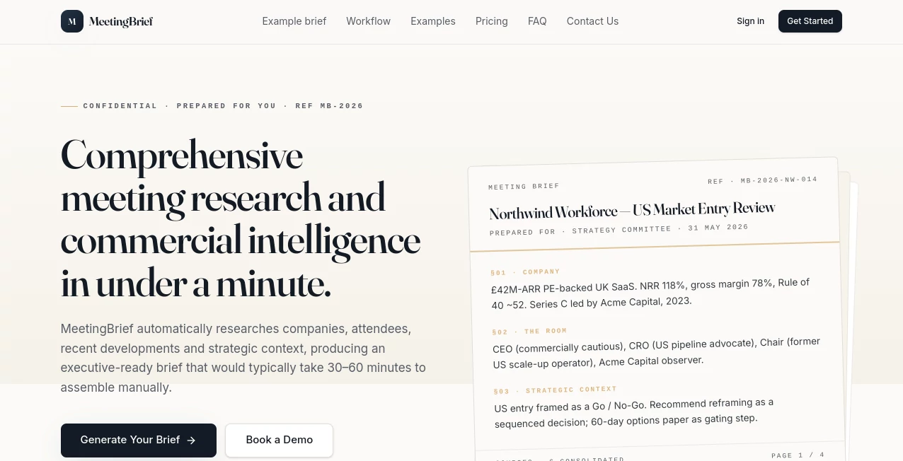 Screenshot of MeetingBrief – An AI tool in the ,AI Research Tool ,AI Productivity Tools ,AI Meeting Assistant ,AI Notes Assistant  category, showcasing its interface and key features.