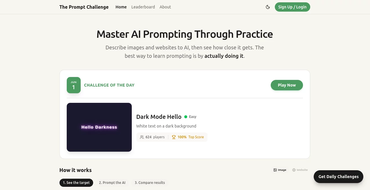 Screenshot of The Prompt Challenge – An AI tool in the ,AI Writing Assistants ,AI Education Assistant ,Prompt ,AI Productivity Tools  category, showcasing its interface and key features.