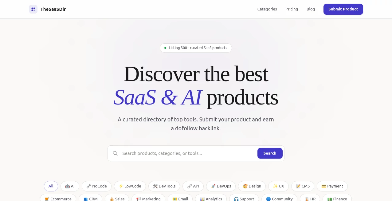 Screenshot of TheSaasDir – An AI tool in the ,AI Tools Directory  category, showcasing its interface and key features.