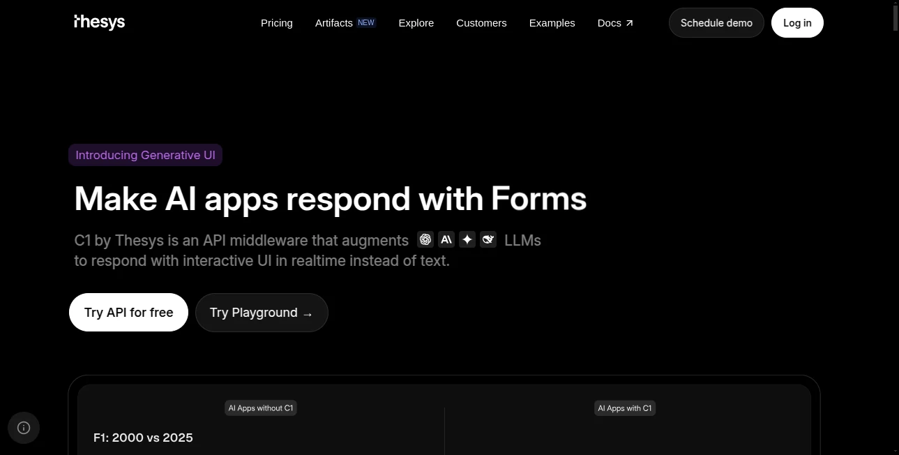 Screenshot of Thesys – An AI tool in the ,AI Website Builder ,AI App Builder ,AI No-Code & Low-Code ,AI Developer Tools  category, showcasing its interface and key features.