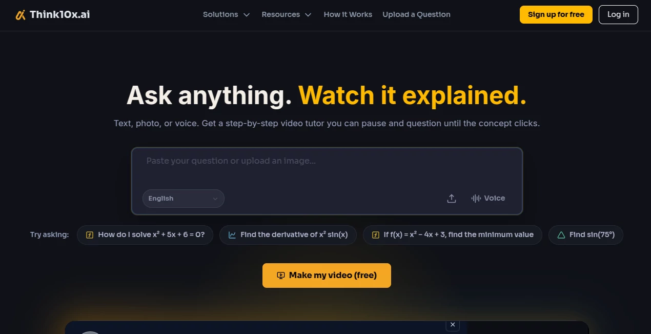Screenshot of Think10x.ai – An AI tool in the ,AI Video Generator ,AI Homework Helper ,AI Knowledge Base ,AI Education Assistant  category, showcasing its interface and key features.