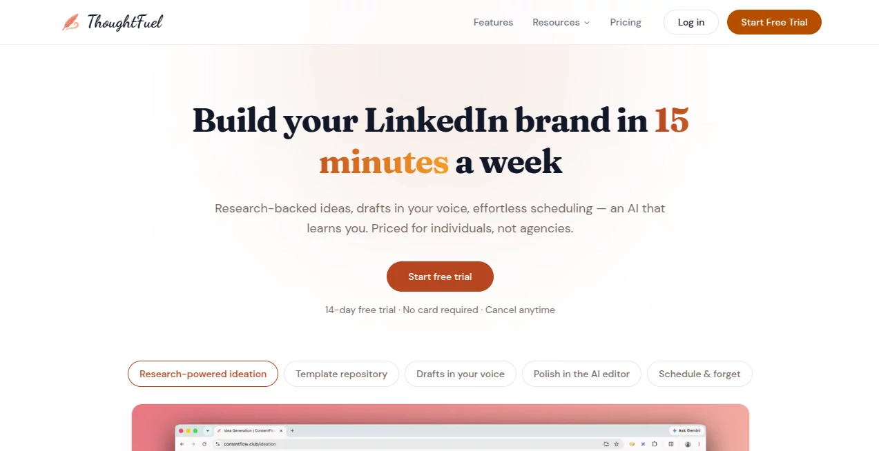 Screenshot of ThoughtFuel – An AI tool in the ,Large Language Models (LLMs) ,AI Productivity Tools ,AI Research Tool ,AI Business Ideas Generator  category, showcasing its interface and key features.