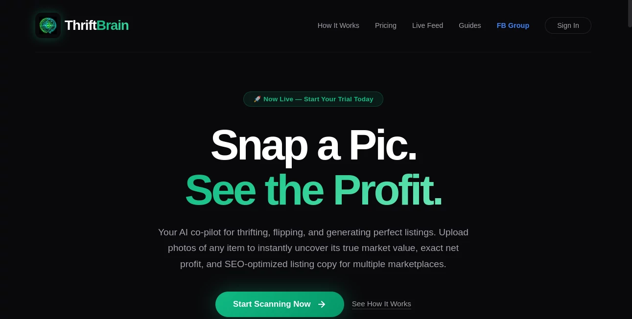 Screenshot of ThriftBrain – An AI tool in the ,AI Product Description Generator ,AI Image Recognition ,AI Research Tool ,AI E-commerce Assistant  category, showcasing its interface and key features.