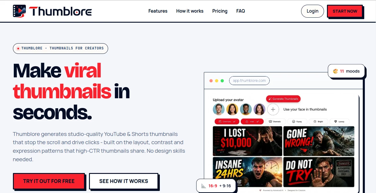 Screenshot of Thumblore – An AI tool in the ,AI Thumbnail Maker  category, showcasing its interface and key features.