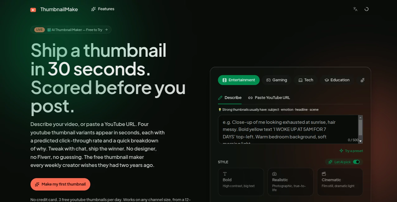Screenshot of ThumbnailMake – An AI tool in the ,AI Thumbnail Maker ,Photo & Image Editor ,AI Design Generator ,AI Image to Image  category, showcasing its interface and key features.