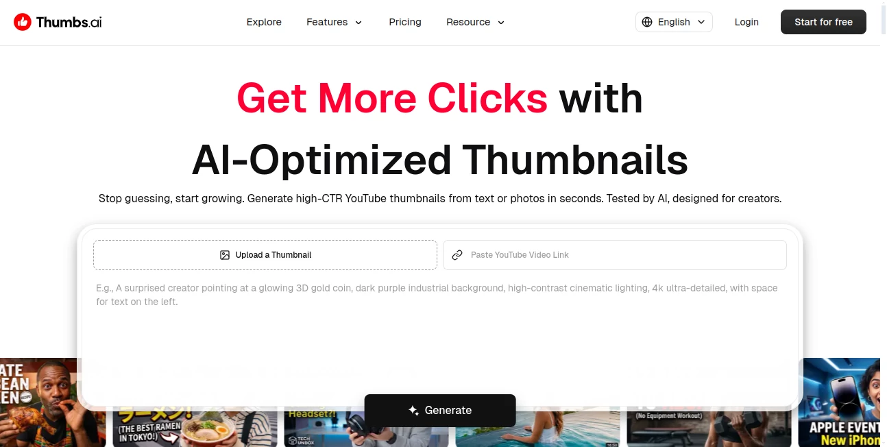Screenshot of Thumbs – An AI tool in the ,AI Photo & Image Generator ,AI Thumbnail Maker ,AI Design Generator ,AI Graphic Design  category, showcasing its interface and key features.