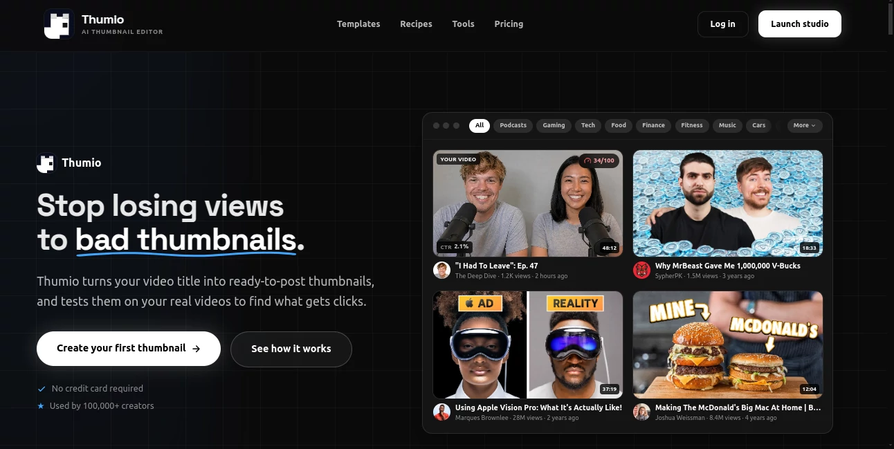 Screenshot of Thumio – An AI tool in the ,AI Thumbnail Maker ,Photo & Image Editor ,AI Image to Image ,AI YouTube Assistant  category, showcasing its interface and key features.
