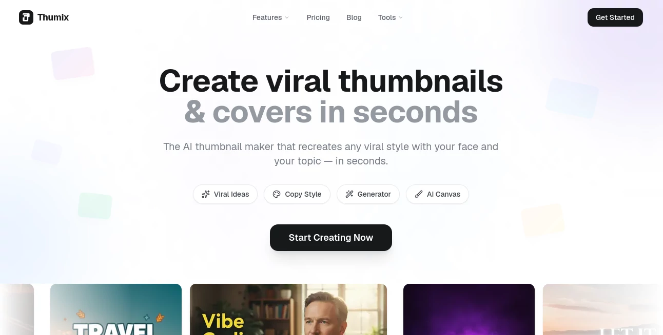 Screenshot of Thumix – An AI tool in the ,AI Photo & Image Generator ,AI Thumbnail Maker ,AI YouTube Assistant ,AI Graphic Design  category, showcasing its interface and key features.