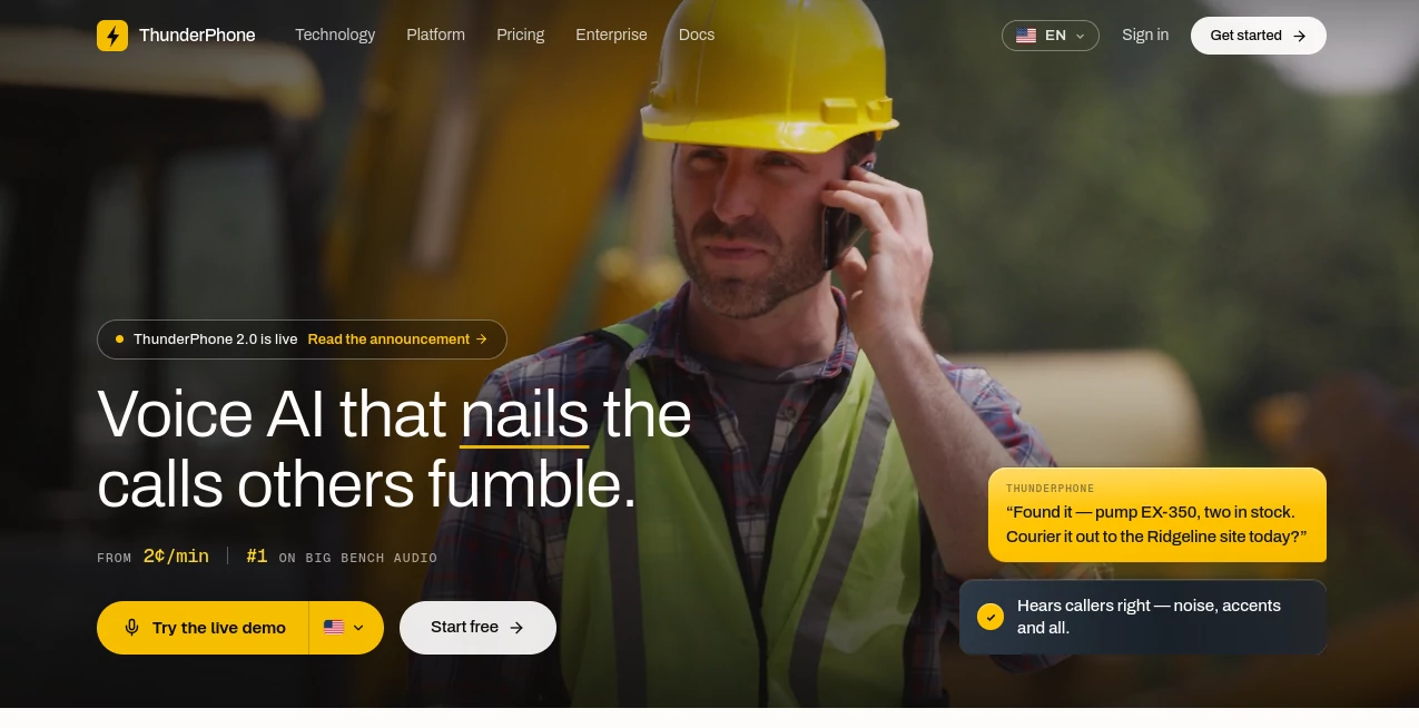 Screenshot of ThunderPhone – An AI tool in the ,AI Customer Service Assistant ,AI Speech Recognition ,AI Speech to Text ,AI Voice Assistants  category, showcasing its interface and key features.
