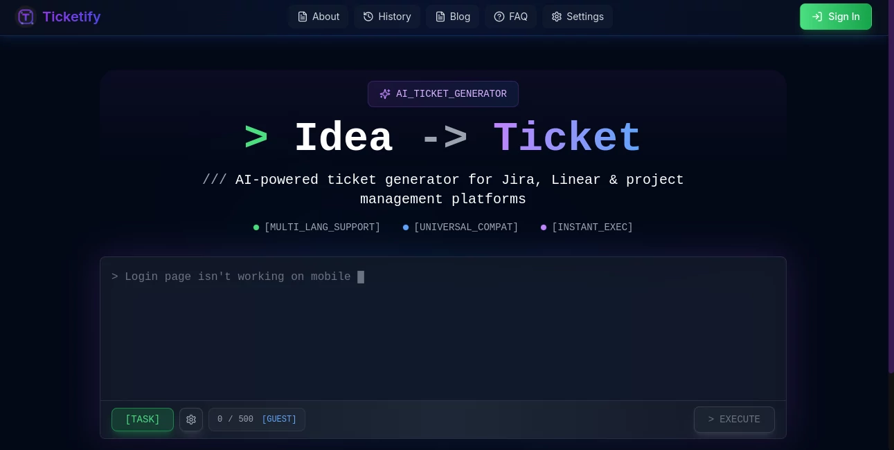 Screenshot of Ticketify – An AI tool in the ,AI Developer Tools ,AI Productivity Tools ,AI Task Management ,AI Project Management  category, showcasing its interface and key features.