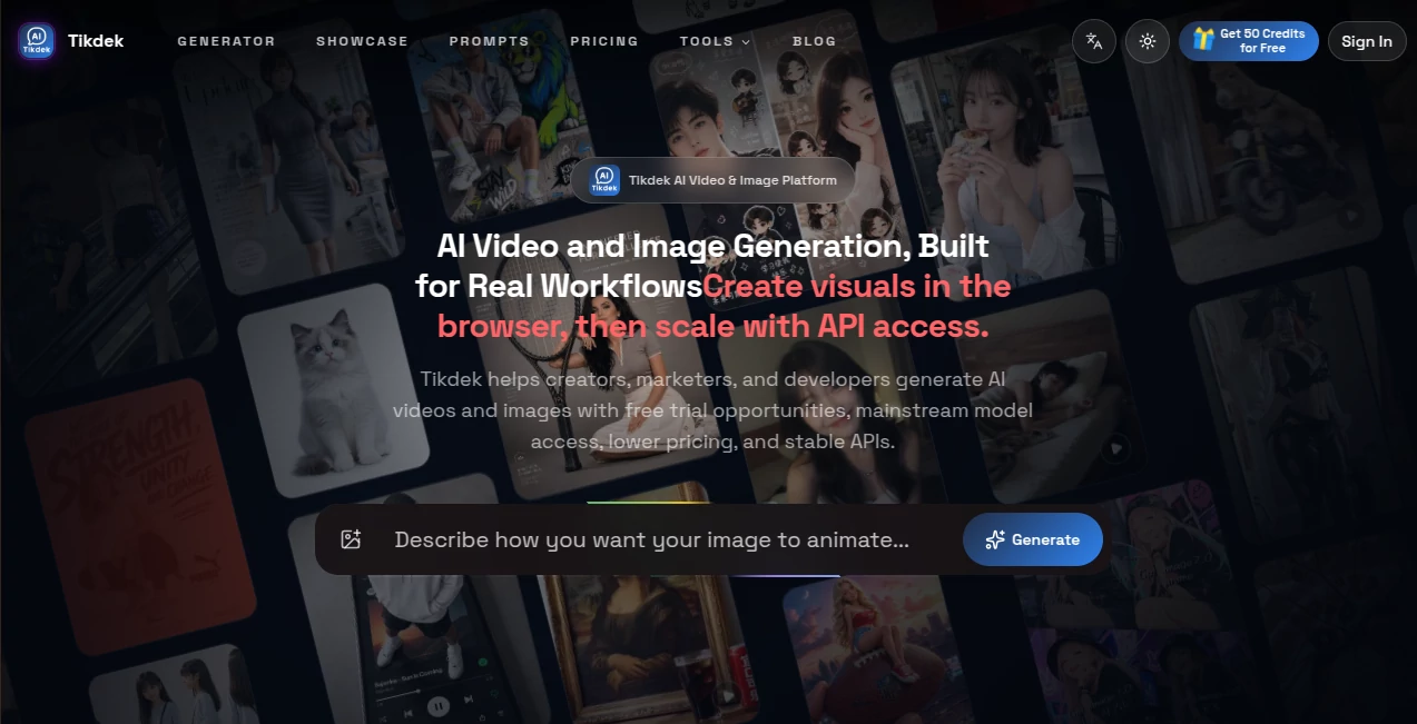 Screenshot of Tikdek – An AI tool in the ,AI Photo & Image Generator ,AI Image to Video ,AI Video Generator ,AI Developer Tools  category, showcasing its interface and key features.