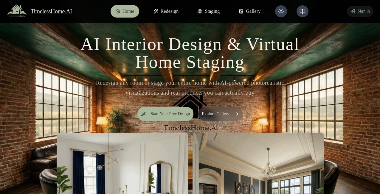 Screenshot of TimelessHome.AI – An AI tool in the ,AI Design Generator ,AI Graphic Design ,AI Interior & Room Design  category, showcasing its interface and key features.