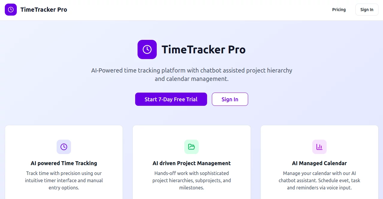 Screenshot of TimeTracker Pro – An AI tool in the ,AI Project Management ,AI Productivity Tools ,AI Task Management ,AI Team Collaboration  category, showcasing its interface and key features.