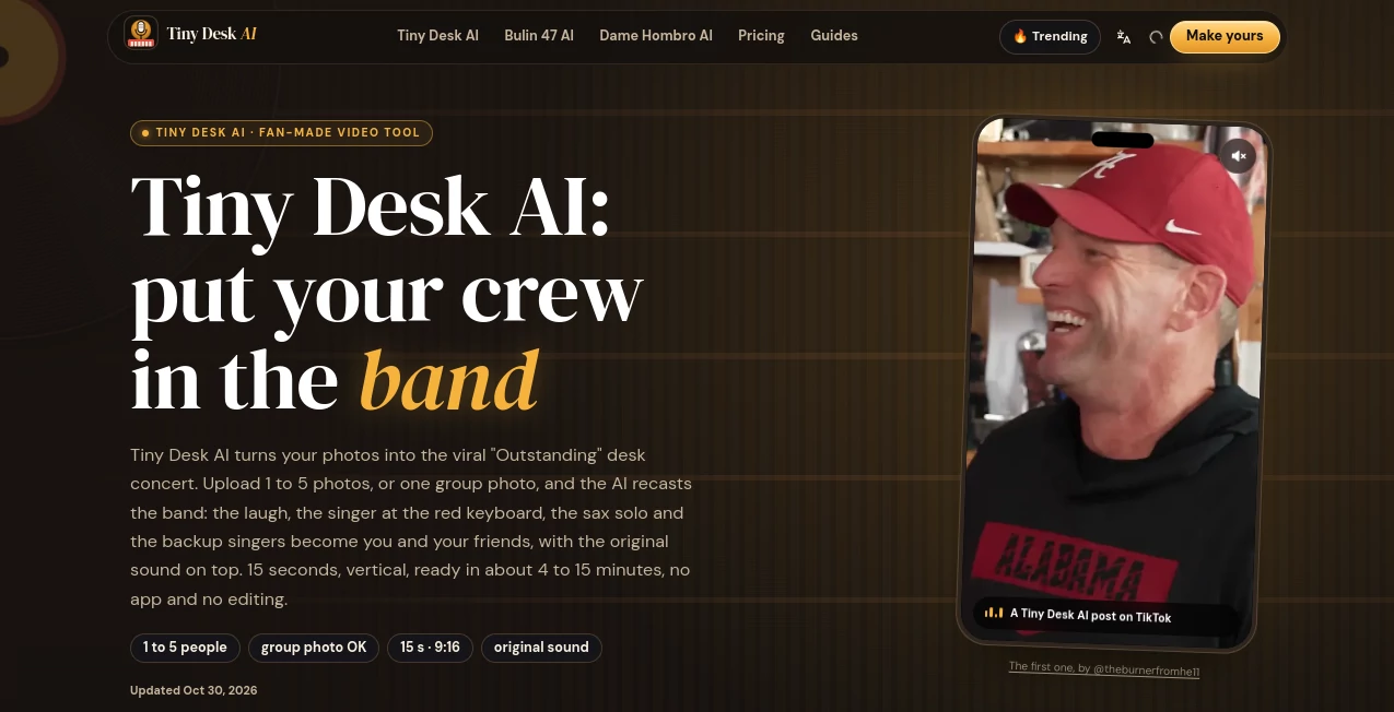 Screenshot of Tiny Desk AI – An AI tool in the ,AI Image to Video ,AI Music Video Generator ,Video ,AI Personalized Video Generator  category, showcasing its interface and key features.
