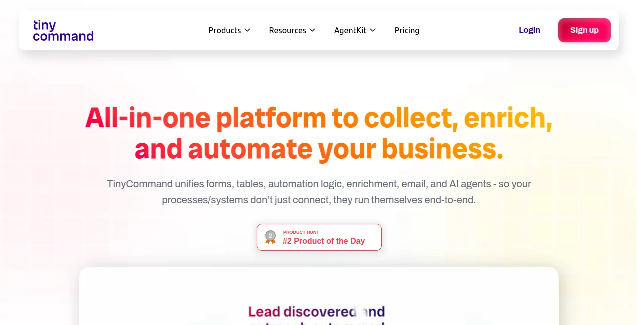 Screenshot of TinyCommand – An AI tool in the ,AI Workflow Management ,AI Project Management ,AI No-Code & Low-Code ,AI Forms & Surveys  category, showcasing its interface and key features.