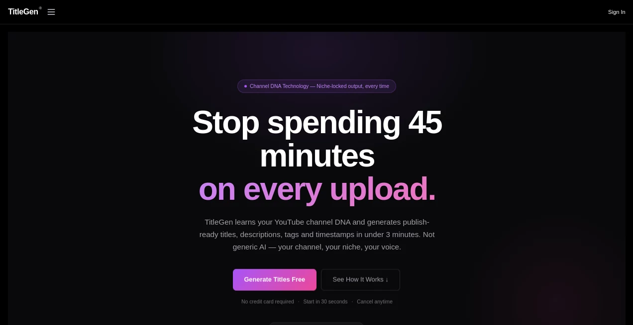 Screenshot of TitleGen – An AI tool in the ,AI Content Generator ,AI YouTube Assistant ,AI SEO Assistant ,AI Marketing Plan Generator  category, showcasing its interface and key features.
