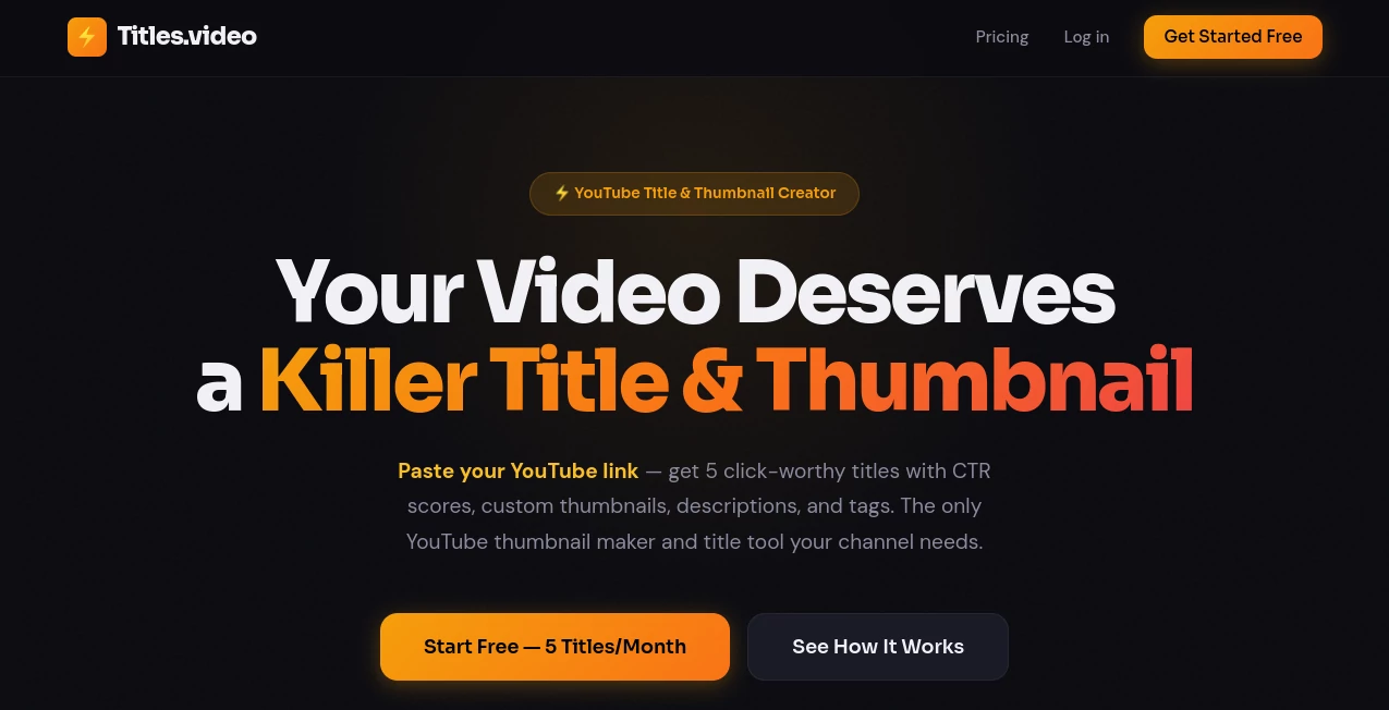Screenshot of Titles.video – An AI tool in the ,AI Content Generator ,AI YouTube Assistant ,AI SEO Assistant ,AI Marketing Plan Generator  category, showcasing its interface and key features.