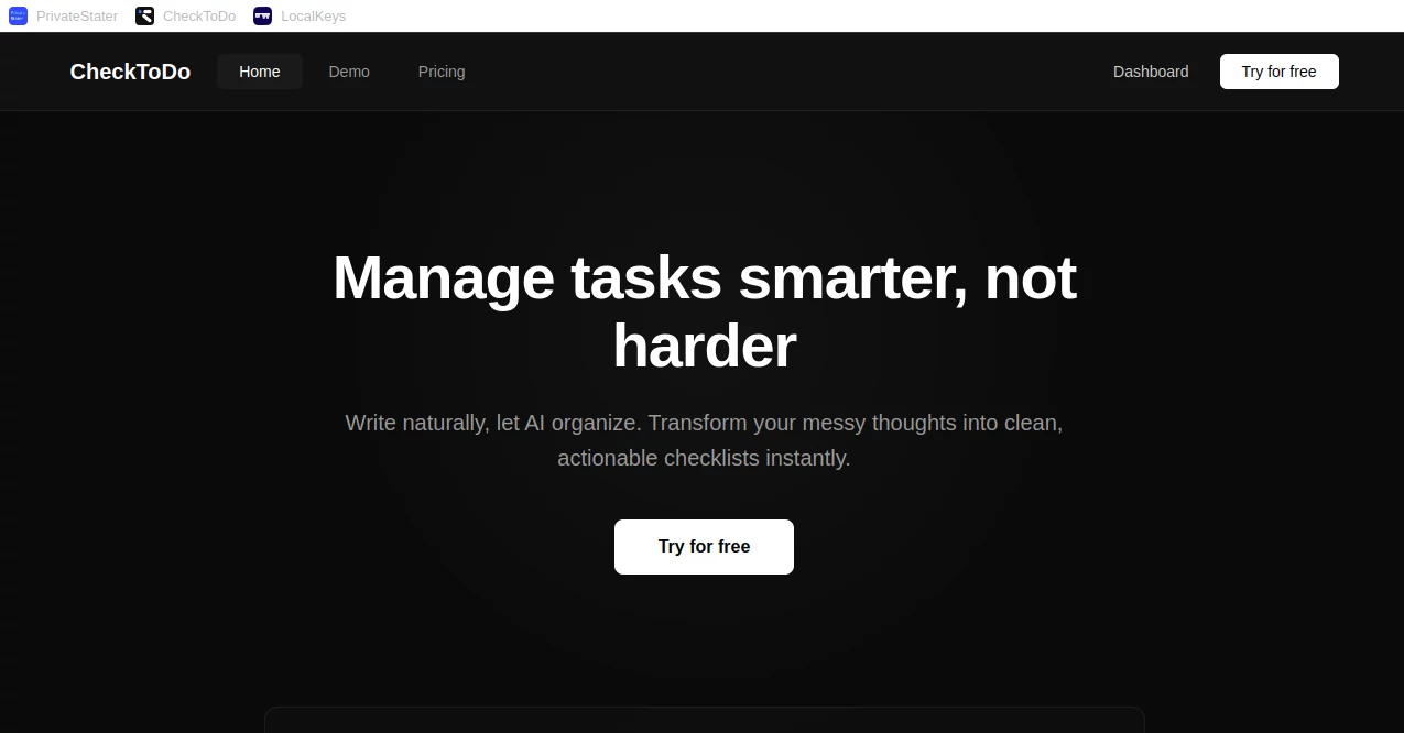 Screenshot of CheckToDo – An AI tool in the ,AI Project Management ,AI Productivity Tools ,AI Task Management ,AI Team Collaboration  category, showcasing its interface and key features.