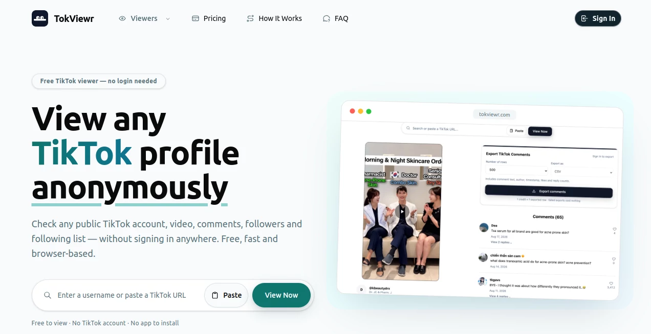 Screenshot of TokViewr – An AI tool in the ,AI Tiktok Assistant ,AI Social Media Assistant ,AI Research Tool ,AI Analytics Assistant  category, showcasing its interface and key features.