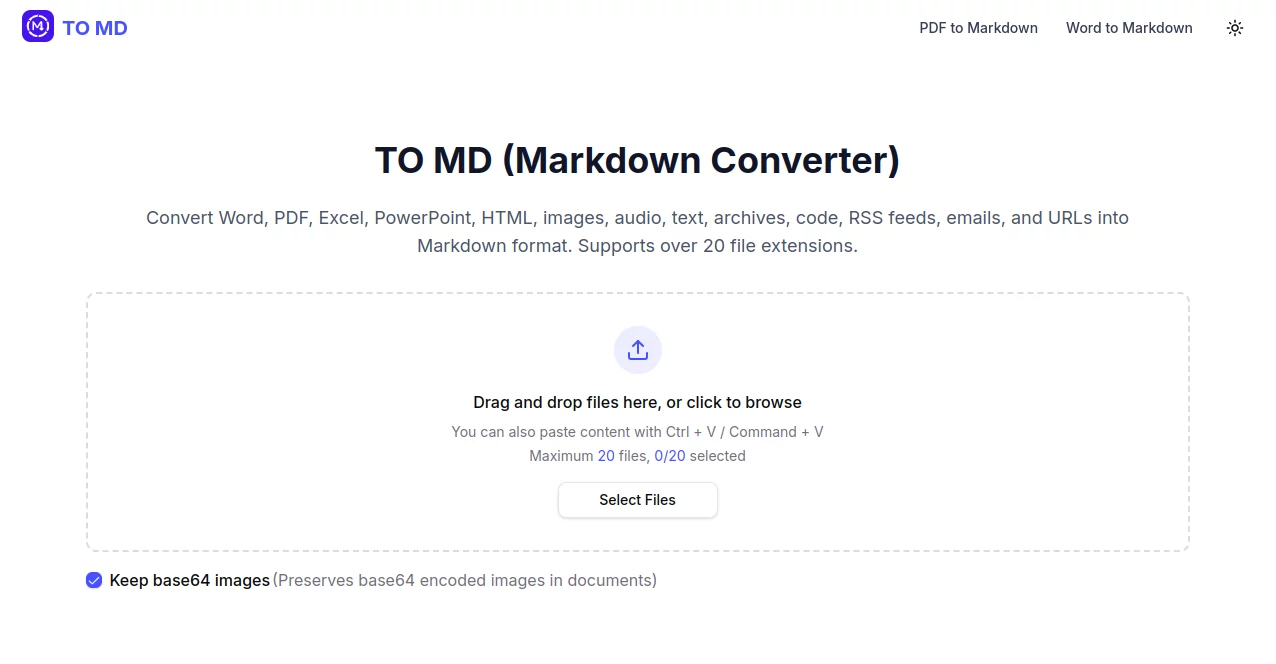 Screenshot of TO MD – An AI tool in the ,AI PDF ,AI Documents Assistant ,AI Files Assistant ,AI Transcription  category, showcasing its interface and key features.