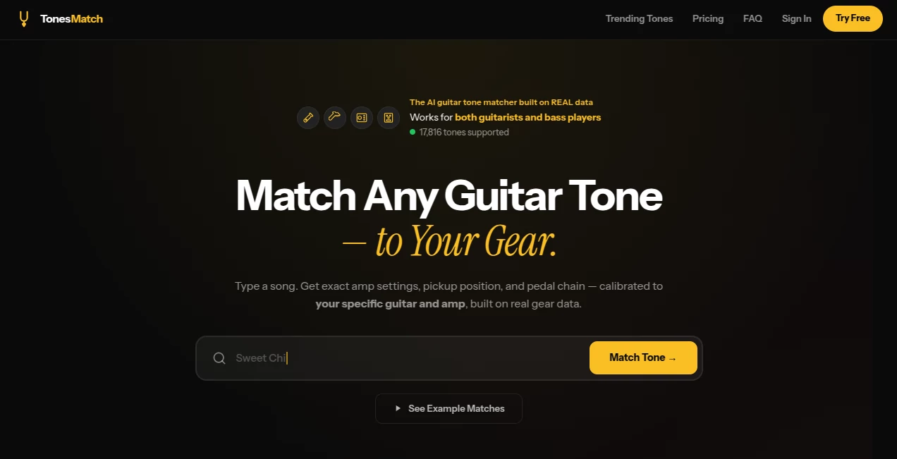 Screenshot of TonesMatch – An AI tool in the ,AI Music Generator ,AI Voice & Audio Editing ,Other  category, showcasing its interface and key features.