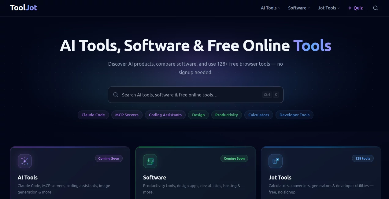 Screenshot of ToolJot – An AI tool in the ,AI Workflow Management ,AI Knowledge Management ,AI Productivity Tools ,AI Tools Directory  category, showcasing its interface and key features.
