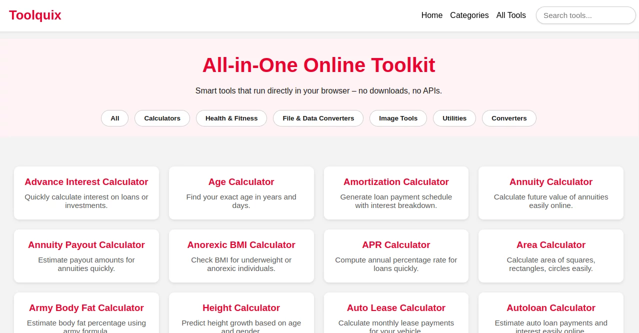 Screenshot of Toolquix – An AI tool in the ,AI Productivity Tools  category, showcasing its interface and key features.
