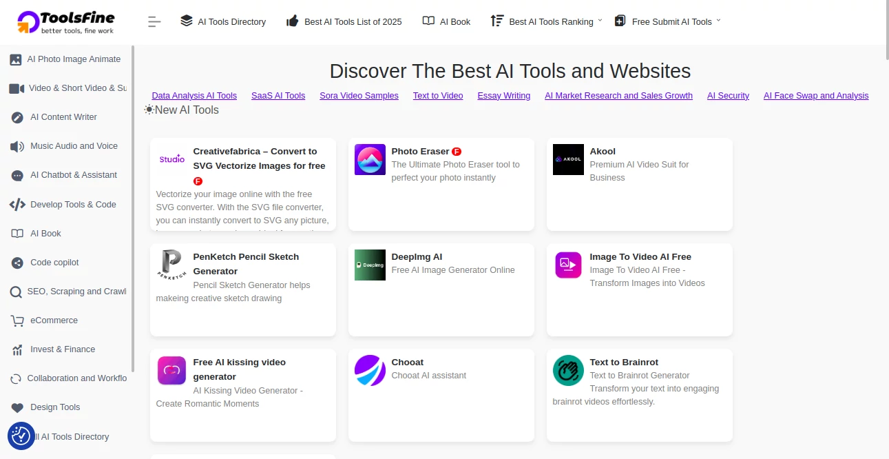 Screenshot of ToolsFine – An AI tool in the ,AI Tools Directory  category, showcasing its interface and key features.