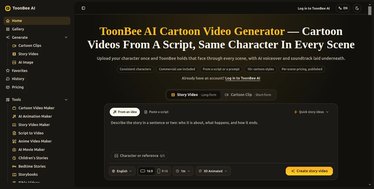 Screenshot of ToonBee AI – An AI tool in the ,AI Animated Video ,AI Video Generator ,AI Text to Video ,AI Anime & Cartoon Generator  category, showcasing its interface and key features.