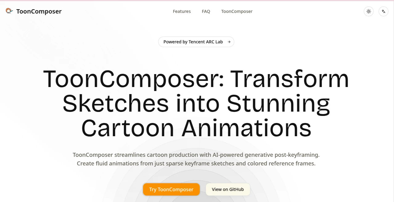 Screenshot of Toon Composer – An AI tool in the ,AI Animated Video ,AI Image to Video ,AI Video Generator ,AI Design Generator  category, showcasing its interface and key features.
