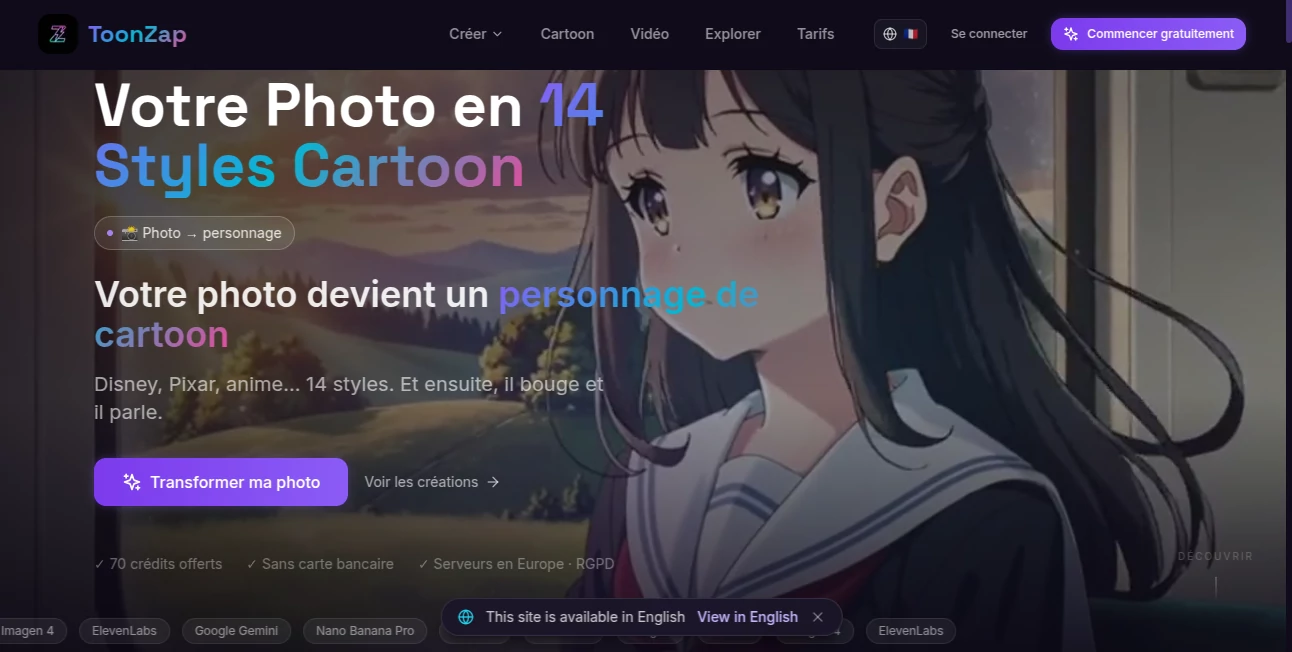 Screenshot of ToonZap – An AI tool in the ,AI Image to Video ,AI Avatar Generator ,AI Image to Image ,AI Anime & Cartoon Generator  category, showcasing its interface and key features.