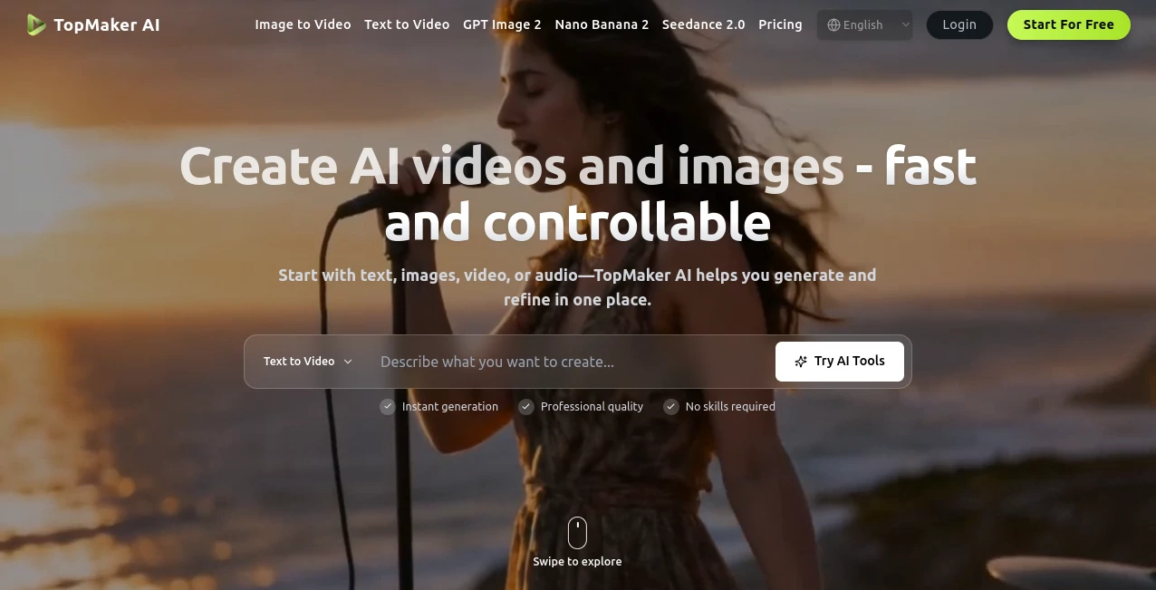 Screenshot of TopMaker AI – An AI tool in the ,AI Photo & Image Generator ,AI Image to Video ,AI Video Generator ,AI Text to Video  category, showcasing its interface and key features.