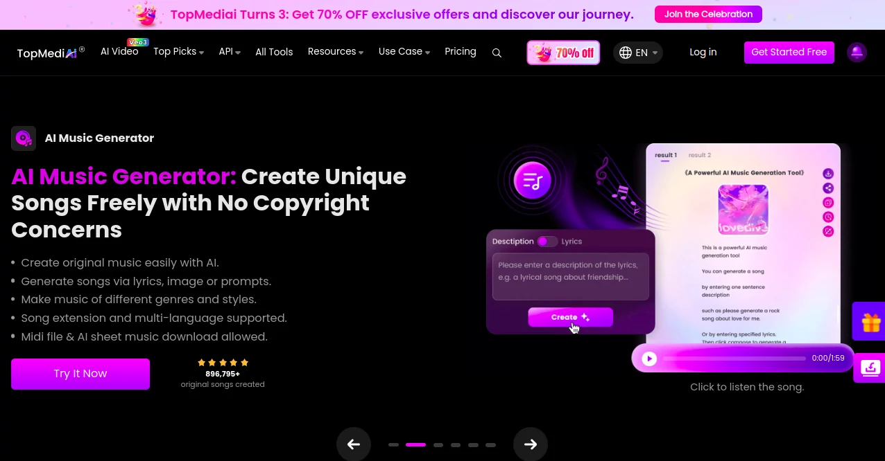 Screenshot of TopMediAI – An AI tool in the ,AI Voice Changer ,AI Video Generator ,AI Music Generator ,AI Text to Speech  category, showcasing its interface and key features.