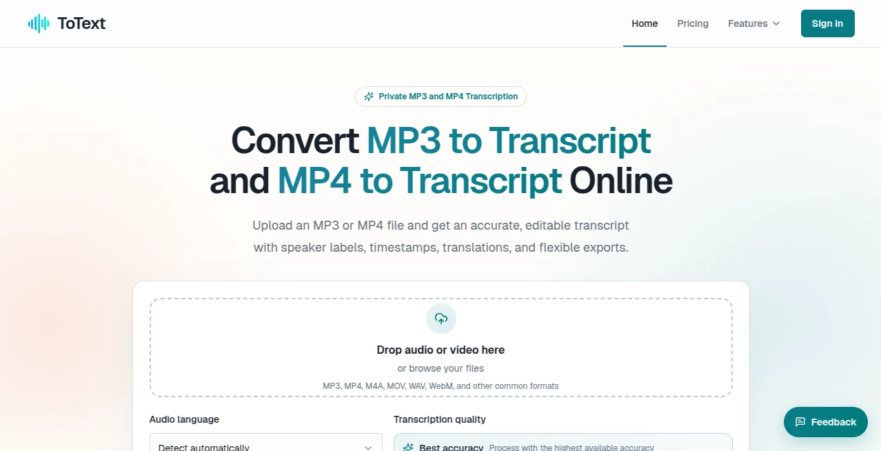 Screenshot of MP3 to Transcript – An AI tool in the ,AI Recording ,AI Transcriber ,AI Transcription ,AI Speech to Text  category, showcasing its interface and key features.