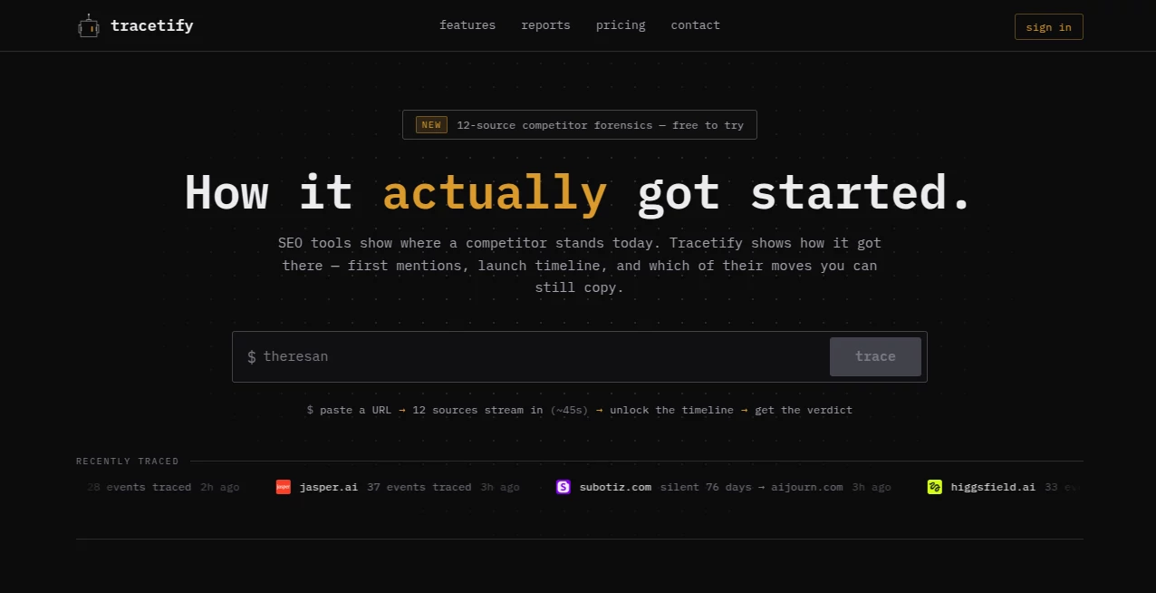 Screenshot of Tracetify – An AI tool in the ,AI Marketing Plan Generator ,AI Research Tool ,AI Analytics Assistant  category, showcasing its interface and key features.
