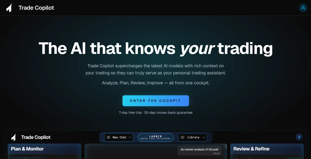 Screenshot of Trade Copilot – An AI tool in the ,AI Research Tool ,AI Trading Bot Assistant ,AI Investing Assistant ,AI Analytics Assistant  category, showcasing its interface and key features.