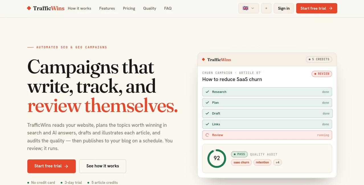 Screenshot of TrafficWins – An AI tool in the ,AI Analytics Assistant ,AI SEO Assistant ,AI Digital Marketing Generator ,AI Lead Generation  category, showcasing its interface and key features.