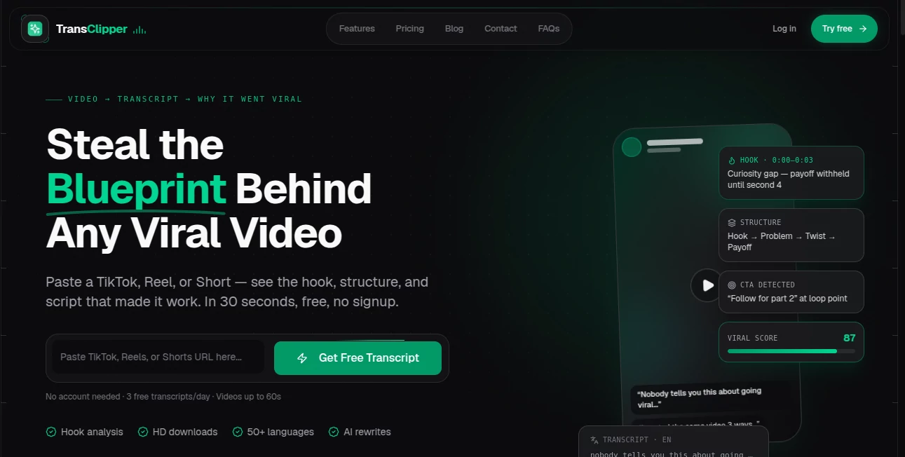 Screenshot of TransClipper – An AI tool in the ,AI Transcription ,AI YouTube Assistant ,AI Social Media Assistant ,AI Marketing Plan Generator  category, showcasing its interface and key features.