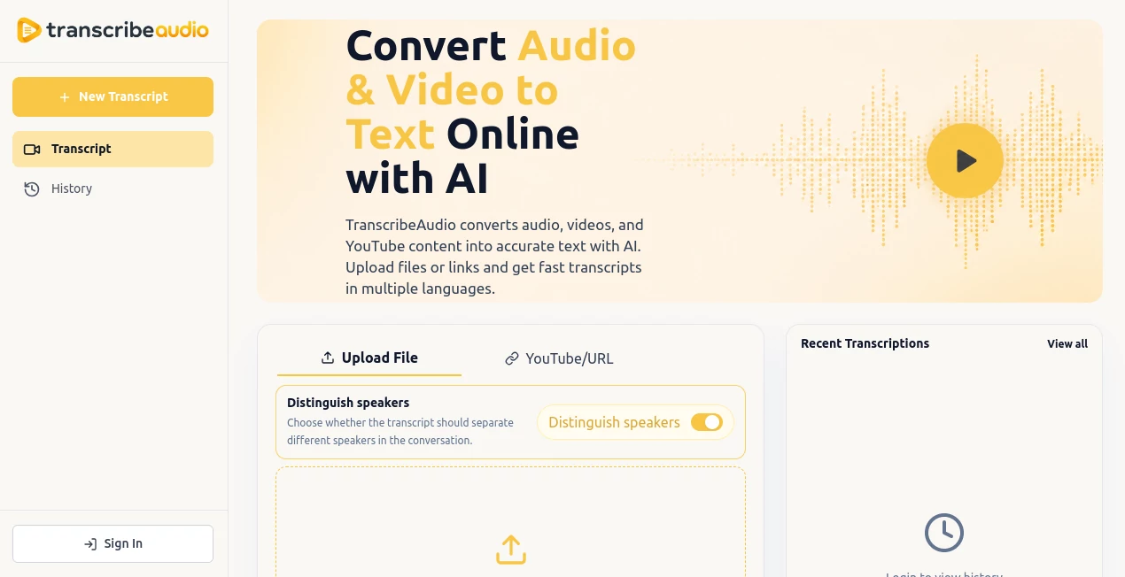 Screenshot of TranscribeAudio – An AI tool in the ,AI Summarizer ,AI Mind Mapping ,AI Transcription ,AI Speech to Text  category, showcasing its interface and key features.