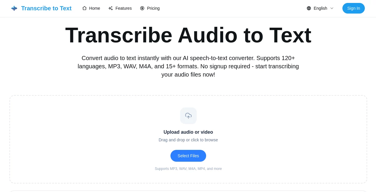 Screenshot of Transcribe Audio to Text – An AI tool in the ,AI Documents Assistant ,AI Audio Enhancer ,AI Transcription ,AI Speech to Text  category, showcasing its interface and key features.